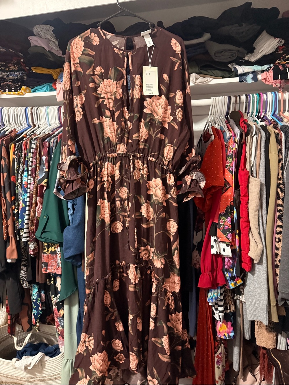 H&M Brown Maxi Dress with Peach Floral Print